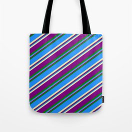 [ Thumbnail: Blue, Pale Goldenrod, Purple & Green Colored Lined/Striped Pattern Tote Bag ]