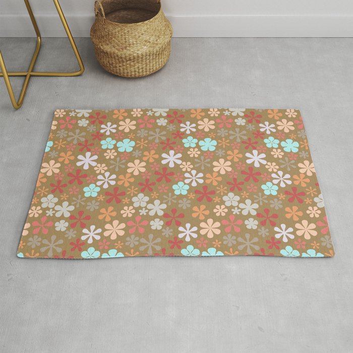 brown and powder blue floral eclectic daisy print ditsy florets Rug
