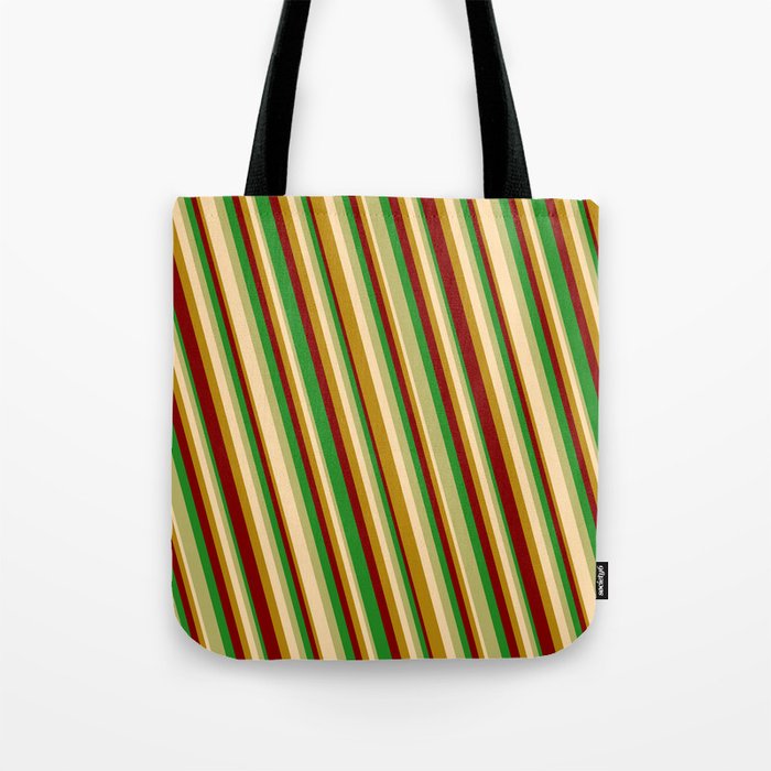 Eye-catching Forest Green, Dark Khaki, Tan, Dark Goldenrod & Maroon Colored Stripes Pattern Tote Bag