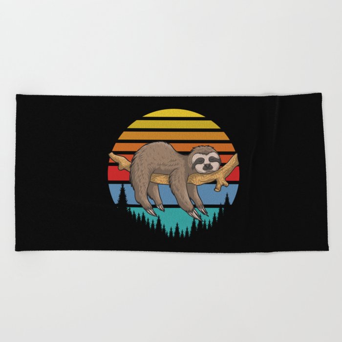 Lazy Sloth Retro Sunset Illustration Cute Funny Beach Towel