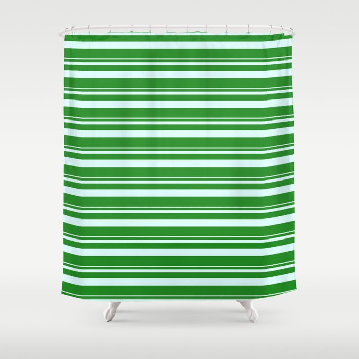 Light Cyan and Forest Green Colored Lined Pattern Shower Curtain