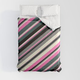[ Thumbnail: Grey, Beige, Hot Pink, Dark Slate Gray, and Black Colored Lines/Stripes Pattern Comforter ]