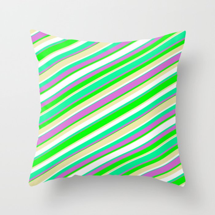 Vibrant Green, Orchid, Lime, Pale Goldenrod, and White Colored Pattern of Stripes Throw Pillow