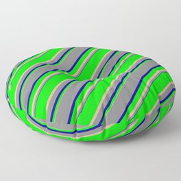 [ Thumbnail: Lime, Tan, Grey & Dark Blue Colored Lined/Striped Pattern Floor Pillow ]