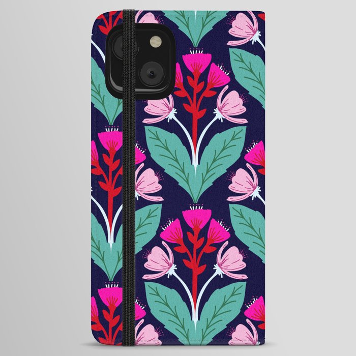 Hand drawn folk art floral pattern in pink and red iPhone Wallet Case