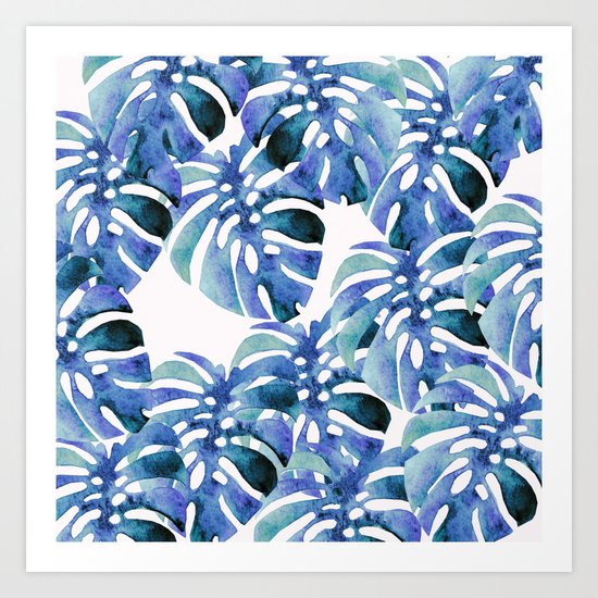 Monstera Pattern Blue Art Print