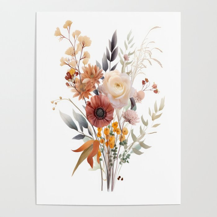 Boho Floral Botanical Print with Shades of Rose, Peach, Yellow, Beige White and Blue Poster