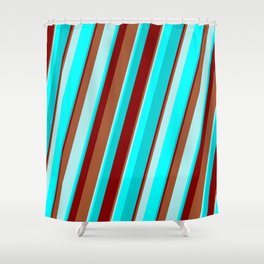 [ Thumbnail: Maroon, Sienna, Turquoise, Cyan, and Dark Turquoise Colored Stripes/Lines Pattern Shower Curtain ]