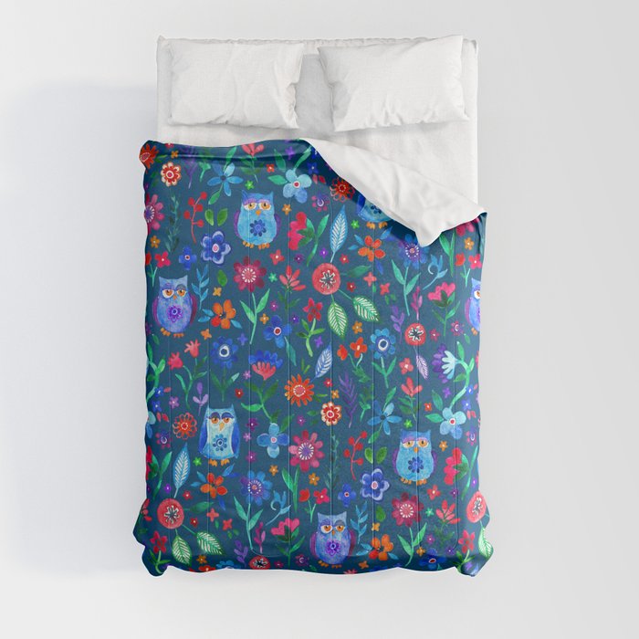 Little Owls and Flowers on deep teal blue Comforter