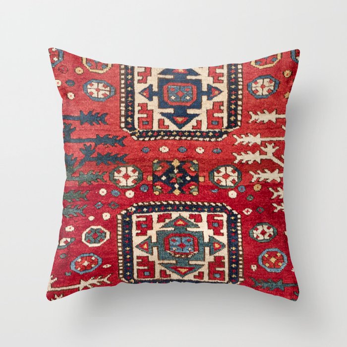 Bright Red Persian Design 19th Century Authentic Colorful Geometric Shapes Vintage Patterns Throw Pillow