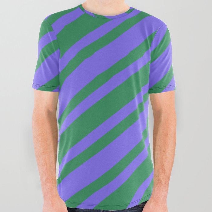 Sea Green & Medium Slate Blue Colored Pattern of Stripes All Over Graphic Tee