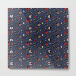 Ladybug and Floral Seamless Pattern on Navy Blue Background Metal Print