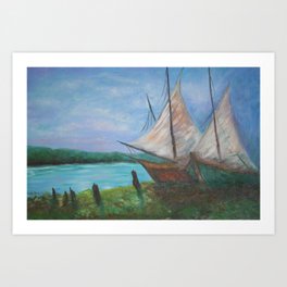 Shelter from the Storm, Two Sailboats nautical sailboat landscape painting by Hayley Lever Art Print