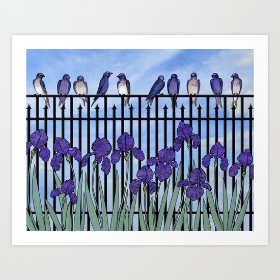 purple martins & purple irises Art Print
