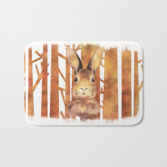Fast Rabbit in the forest- abstract Hare watercolor Illustration Bath Mat