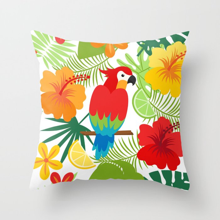 Tropical Flowers and Parrot  Throw Pillow