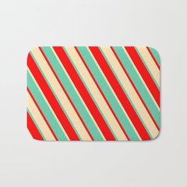[ Thumbnail: Aquamarine, Red & Beige Colored Stripes Pattern Bath Mat ]
