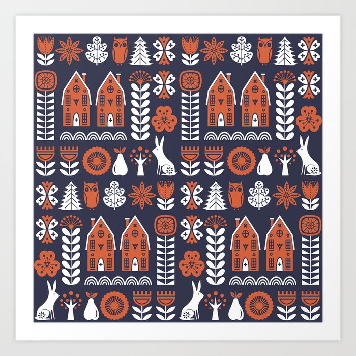 Scandinavian folk art seamless vintage pattern with orange and white flowers, trees, rabbit, owl, houses with decorative elements and rural scenery in simple style Art Print