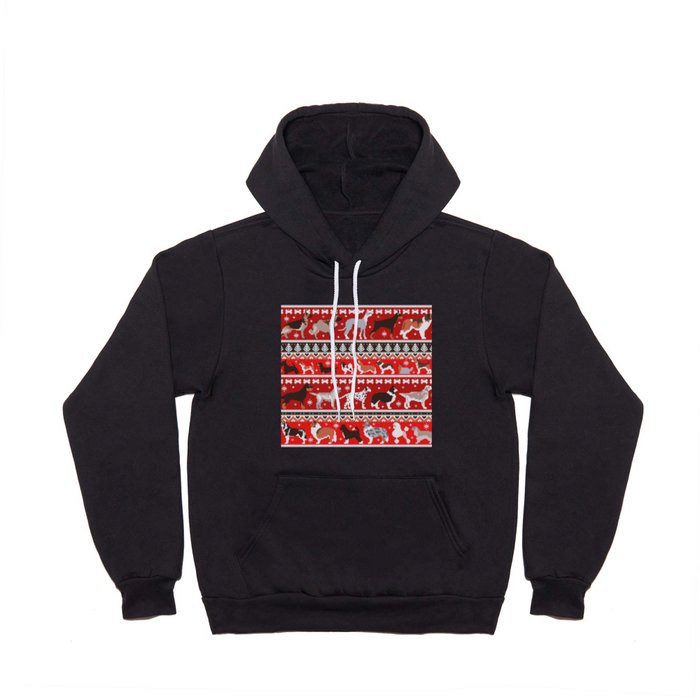 Fluffy and bright fair isle knitting doggie friends // fire brick and fire engine red background brown orange white and grey dog breeds  Hoody