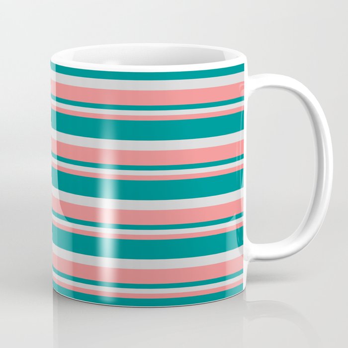 Light Coral, Teal, and Light Grey Colored Lined/Striped Pattern Coffee Mug