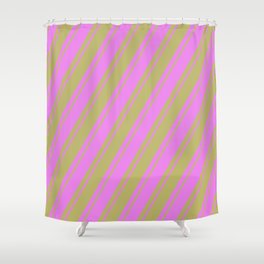 [ Thumbnail: Violet and Dark Khaki Colored Lines Pattern Shower Curtain ]