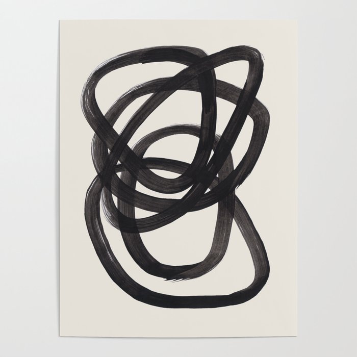 Mid Century Modern Minimalist Abstract Art Brush Strokes Black & White Ink Art Spiral Circles Poster