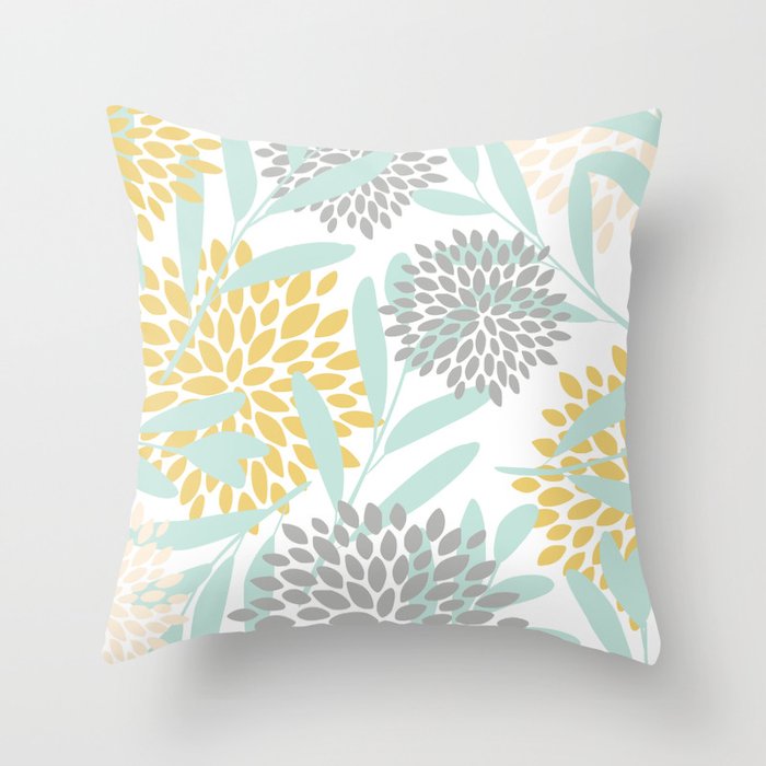 Floral Prints, Leaves and Blooms, Yellow, Gray and Aqua Throw Pillow