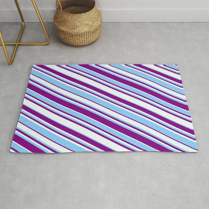 Purple, Mint Cream, and Light Sky Blue Colored Lined/Striped Pattern Rug