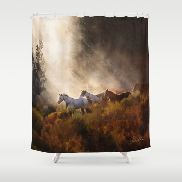 Horses in a Golden Meadow by Georgia M Baker Shower Curtain