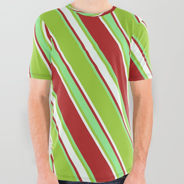 Red, Light Green, Green & Mint Cream Colored Lines Pattern All Over Graphic Tee