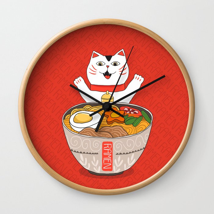 Liter of Ramen. Japanese soup and Manekineko cat. Wall Clock