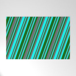 [ Thumbnail: Aqua, Dark Green & Dim Grey Colored Lines/Stripes Pattern Welcome Mat ]