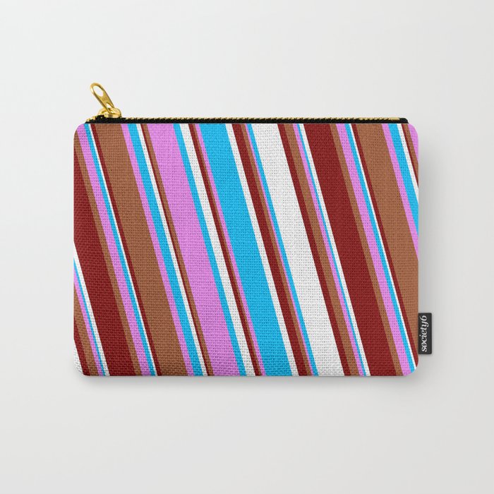 Vibrant Violet, Sienna, Maroon, White, and Deep Sky Blue Colored Stripes Pattern Carry-All Pouch