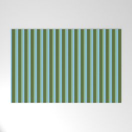 [ Thumbnail: Light Sky Blue, Dark Sea Green, and Dark Olive Green Colored Striped Pattern Welcome Mat ]