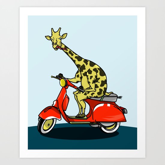 Giraffe riding a moped Art Print