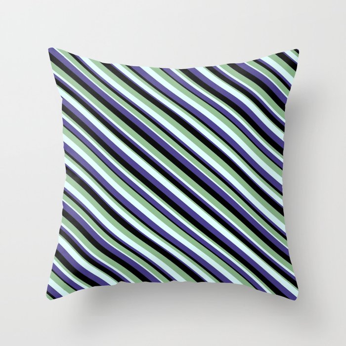 Dark Sea Green, Light Cyan, Dark Slate Blue, and Black Colored Pattern of Stripes Throw Pillow