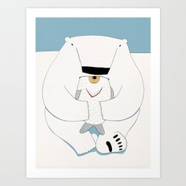 Polar bear eating fish Art Print