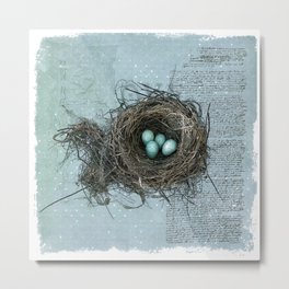 Bird Nest Metal Print | Eggs, Romantic, Digital, Rustic, Painting, Nature, Antiqueblue, Illustration, Birdnest, Blue 