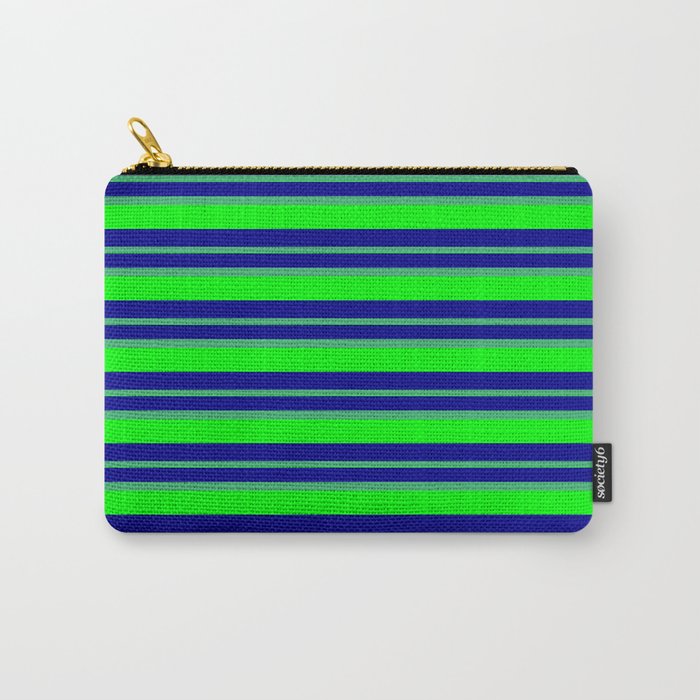 Dark Blue, Sea Green & Lime Colored Lined/Striped Pattern Carry-All Pouch