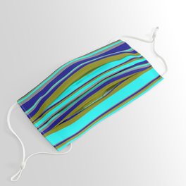 [ Thumbnail: Green, Cyan, Grey, and Dark Blue Colored Striped Pattern Face Mask ]