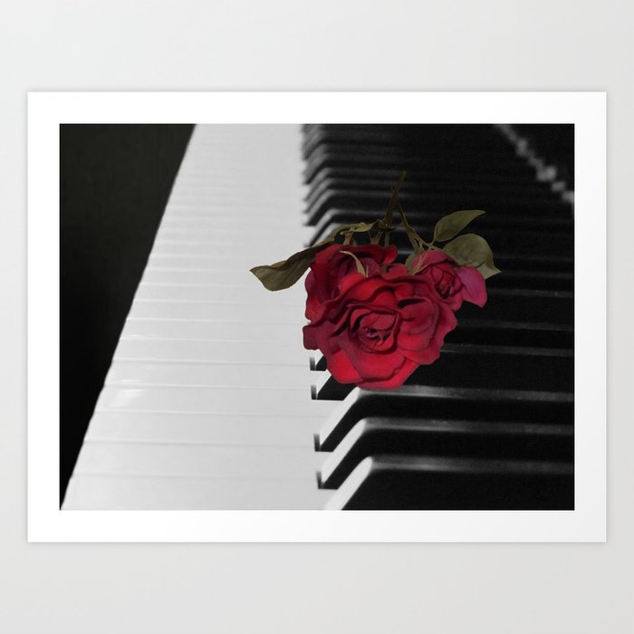 piano with rose black and white