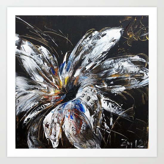 white flower on black background, painted Art Print