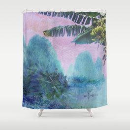 Banana tree &amp; bamboo boat - Pink Sunset Mountainscape  Shower Curtain