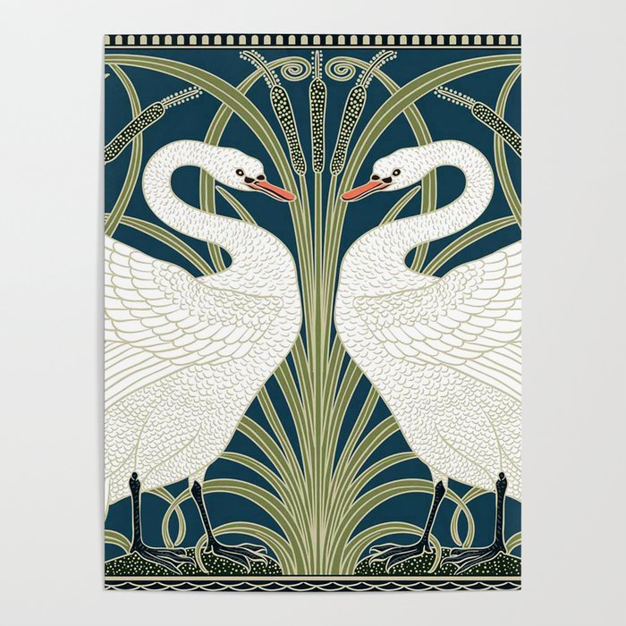 Swan Rush and Iris by Walter Crane Poster | Graphic-design, Wallpaper, Pattern, Jugend, Bird, Swan, Nature, Vintage, Retro, Green