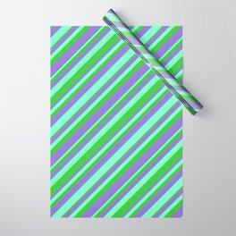[ Thumbnail: Aquamarine, Lime Green, and Purple Colored Striped/Lined Pattern Wrapping Paper ]