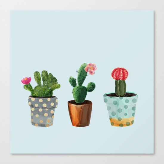 Three Cacti With Flowers On Light Blue Background Canvas Print