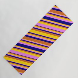 [ Thumbnail: Chocolate, Yellow, Violet, and Blue Colored Lined/Striped Pattern Yoga Mat ]