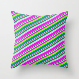 [ Thumbnail: Light Grey, Fuchsia, Green, and Dark Cyan Colored Lines/Stripes Pattern Throw Pillow ]