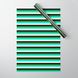 [ Thumbnail: Forest Green, Aqua, Light Yellow, and Black Colored Lined/Striped Pattern Wrapping Paper ]