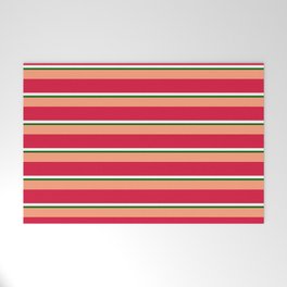 [ Thumbnail: Light Salmon, Crimson, White & Dark Green Colored Striped Pattern Welcome Mat ]